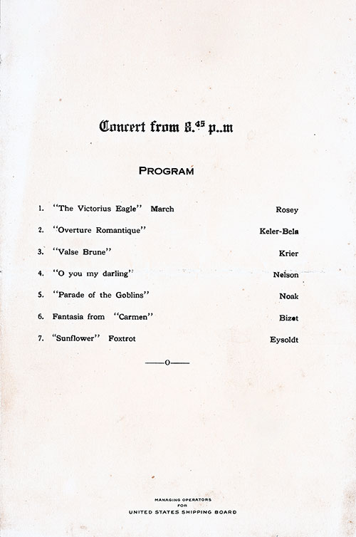Music Concert Program Included with a Dinner Menu From Sunday, 28 October 1923 on Board the SS President Arthur of the United States Lines.