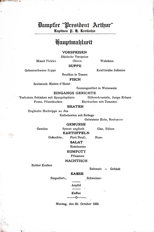 Menu Items in German, Dinner Menu From Monday, 29 October 1923 on Board the SS President Arthur of the United States Lines.