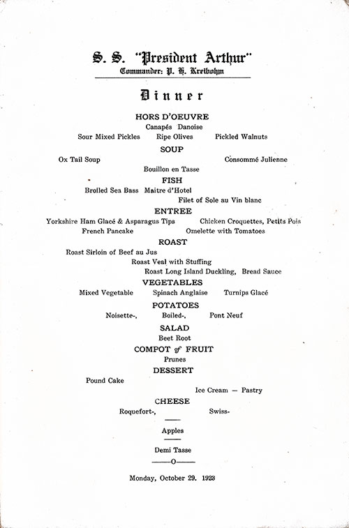 Menu Items, Dinner Menu From Monday, 29 October 1923 on Board the SS President Arthur of the United States Lines.