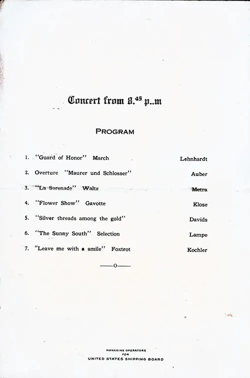 Music Concert Program Included with a Dinner Menu From Monday, 29 October 1923 on Board the SS President Arthur of the United States Lines.