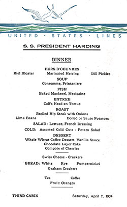 SS President Harding Dinner Bill of Fare Card - 7 April 1934