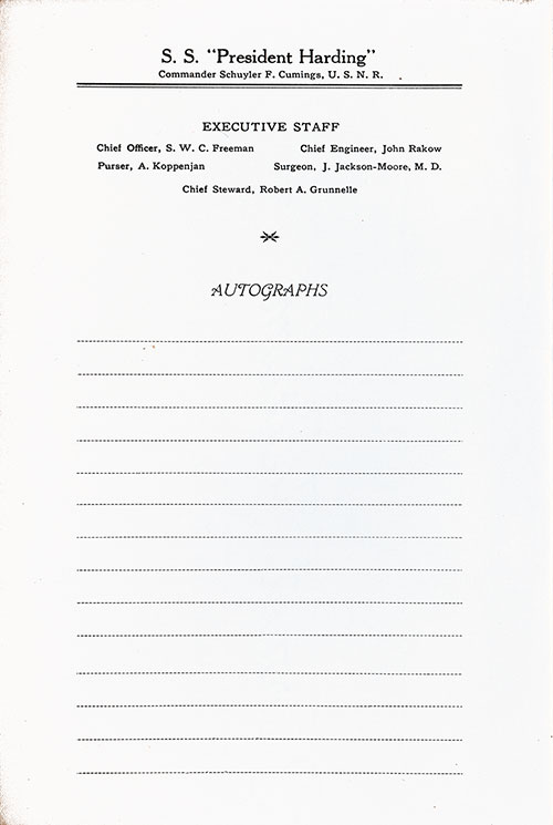 Listing of Commander and Executive Staff and Space for Autographs (Unused), SS President Harding Farewell Dinner Menu, 12 April 1934.