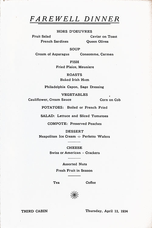 Third Cabin Farewell Dinner Menu Items, SS President Harding, Thursday, 12 April 1934.