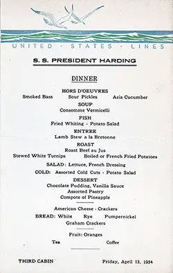 SS President Harding Dinner Menu Card - 13 April 1934