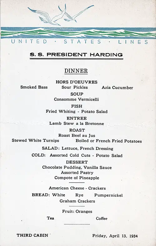 Front Side of a Vintage Third Cabin Dinner Menu Card from Friday, 13 April 1934 on board the SS President Harding.