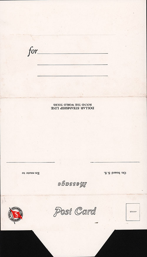 Back Side, Welcome Dinner Postcard Menu, PLClass Class on the SS President Harrison of the Dollar Steamship Line, Saturday, 9 October 1926.