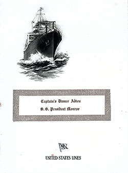 Front Cover - SS President Monroe Captains Farewell Dinner Bill of Fare 10 August 1922