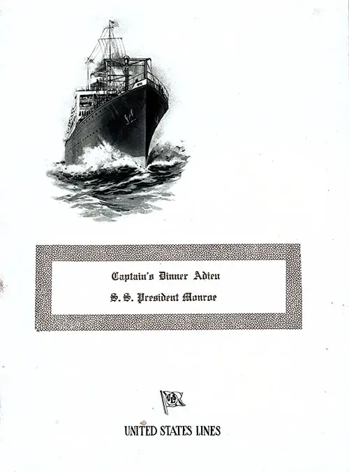 Front Cover of a Vintage Captain's Farewell Dinner Menu From 10 August 1922 on Board the SS President Monroe of the United States Lines
