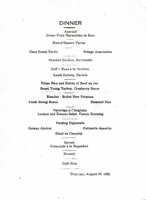 Menu Items from a Vintage Captain's Farewell Dinner Menu From 10 August 1922 on Board the SS President Monroe of the United States Lines.