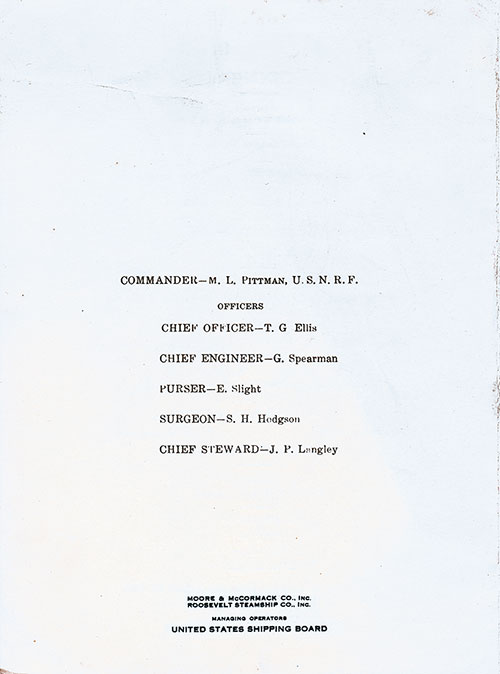 List of Senior Officers from a Vintage Captain's Farewell Dinner Menu From 10 August 1922 on Board the SS President Monroe of the United States Lines.