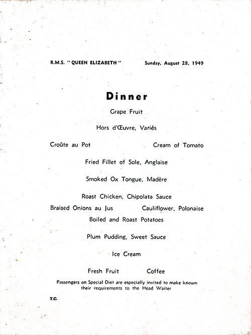Menu Items, RMS Queen Elizabeth Dinner Menu - 28 August 1949
