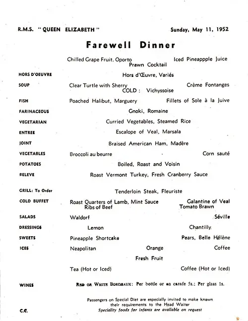 RMS Queen Elizabeth Farewell Dinner Menu Selections, 11 May 1952.