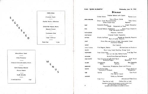 Menu Items, RMS Queen Elizabeth Dinner Menu - 18 June 1952