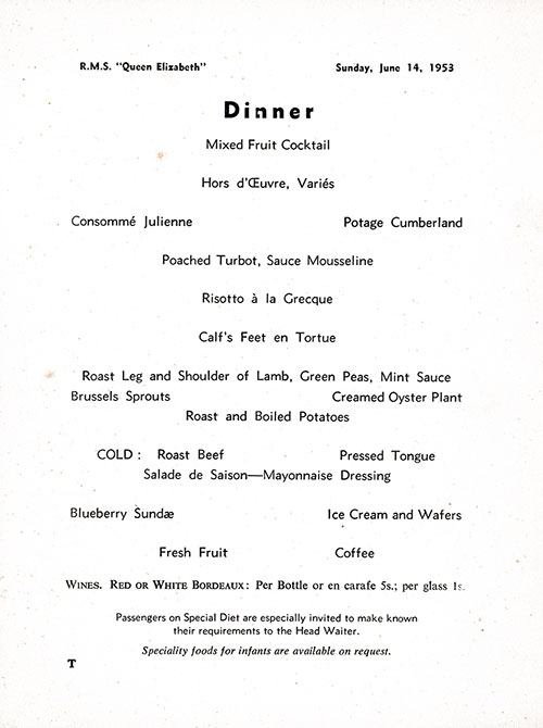 Menu Items, RMS Queen Elizabeth Dinner Menu - 14 June 1953