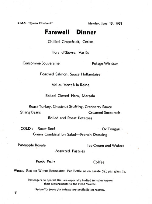 RMS Queen Elizabeth Farewell Dinner Menu Selections, 15 June 1953.