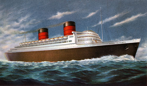 Painting of the RMS Queen Elizabeth on Farewell Dinner Menu, 15 June 1953.