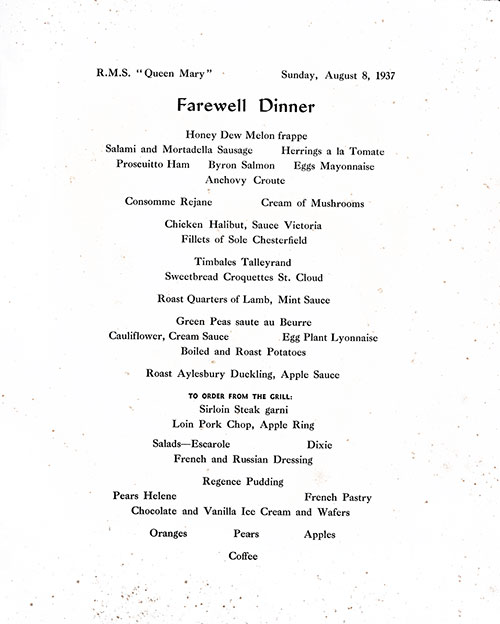 Menu Items, RMS Queen Mary Farewell Dinner Menu, 8 August 1937.