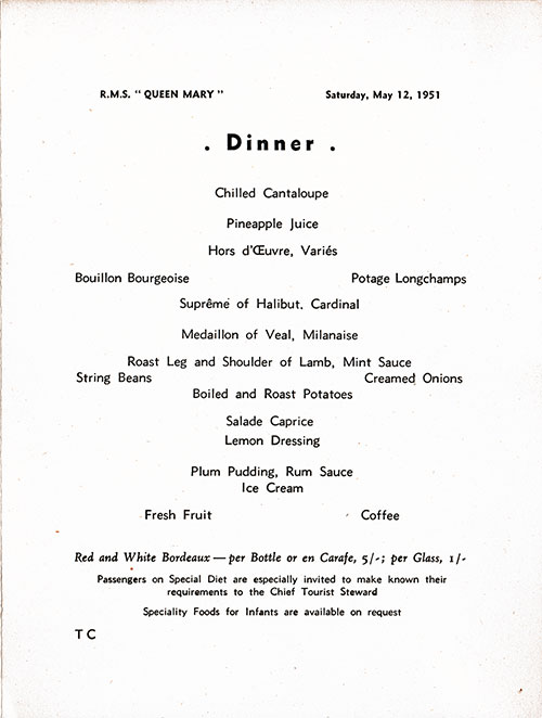Menu Items, RMS Queen Mary Dinner Menu, 12 May 1951.