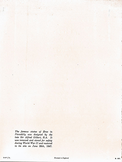 Description of Cover Illustration. Back Cover, RMS Queen Mary Dinner Menu, 12 May 1951.