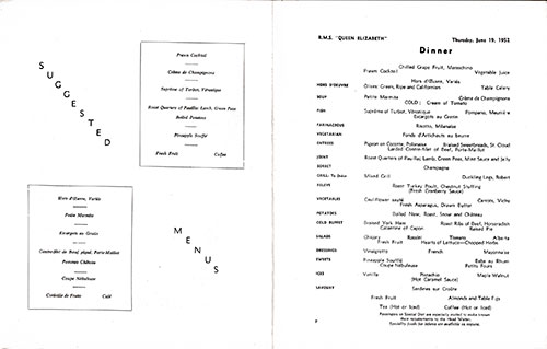 Menu Items, RMS Queen Mary Dinner Menu, 19 June 1952.