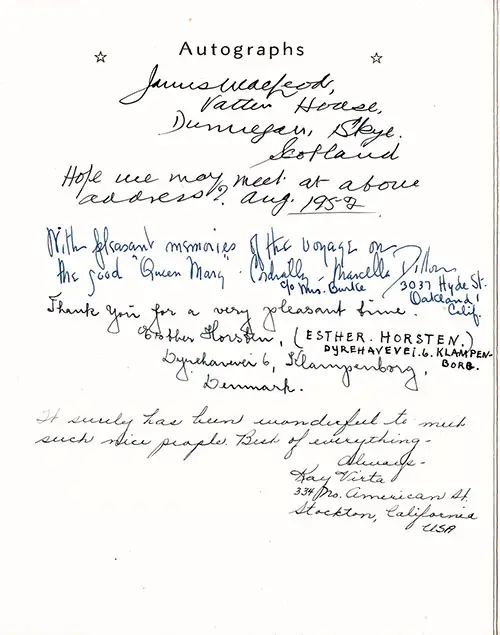 Autographs from an RMS Queen Mary Dinner Menu, 11 August 1952.