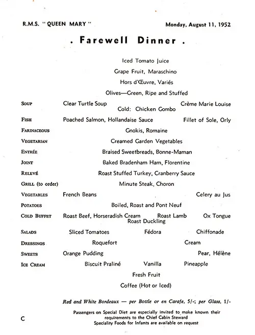 Menu Items, RMS Queen Mary Farewell Dinner Menu, 11 August 1952.