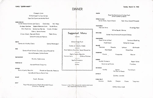 Menu Items, RMS Queen Mary Dinner Menu, 15 March 1953.