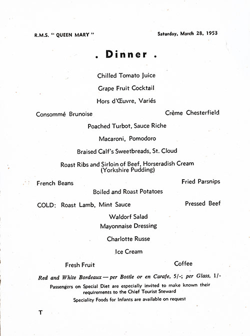 Menu Items, RMS Queen Mary Dinner Menu - 28 March 1953