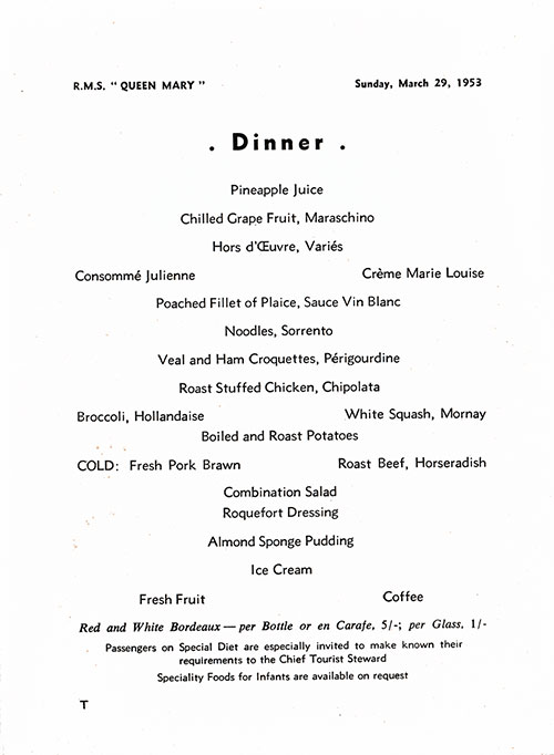 Menu Items, RMS Queen Mary Dinner Menu, 29 March 1953.