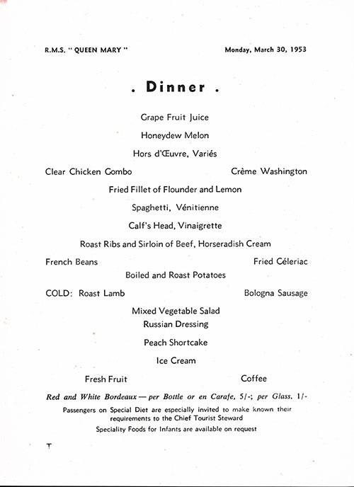 Menu Items, RMS Queen Mary Dinner Menu, 30 March 1953.