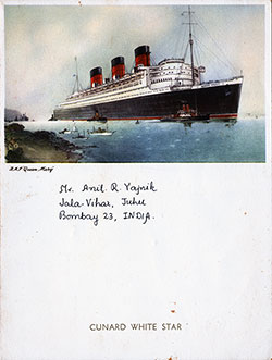 Front Cover - RMS Queen Mary Farewell Dinner Bill of Fare - 1 April 1953