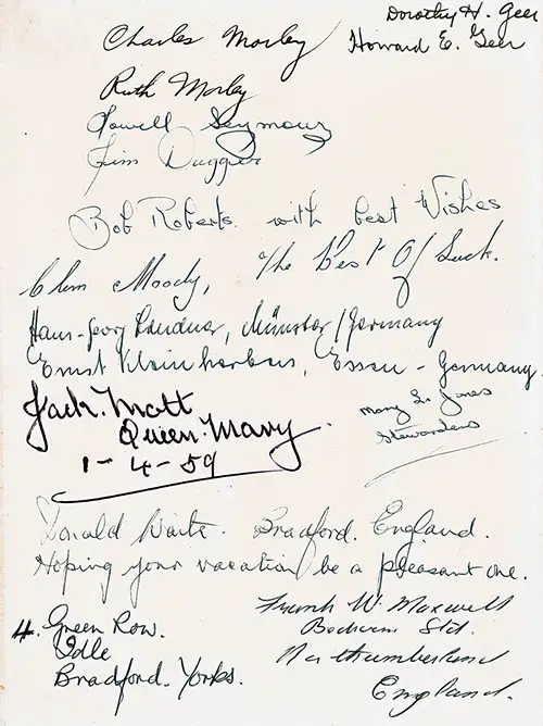 Autographs on an RMS Queen Mary Farewell Dinner Menu from 1 April 1953.
