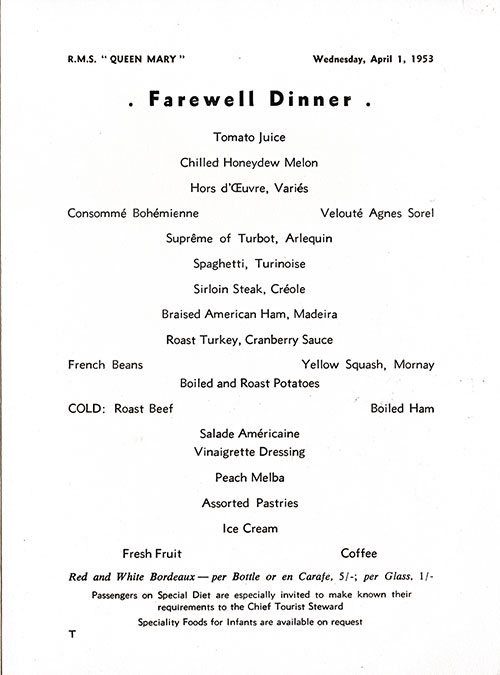 Menu Items from an RMS Queen Mary Farewell Dinner Menu from 1 April 1953.