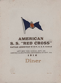 Front Cover, Dinner Menu, Medical Personnel on the SS Red Cross of the Hamburg-America Line, Wednesday, 23 September 1914.
