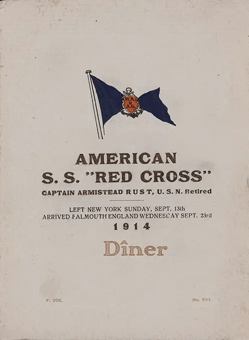 Dinner Menu and Passenger List of American Red Cross Doctors and Nurses Aboard the Hamburg-American Line SS Red Cross, 1914.