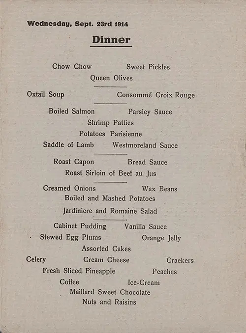 Menu Selections, Dinner Menu, Medical Personnel on the SS Red Cross of the Hamburg-America Line, Wednesday, 23 September 1914.