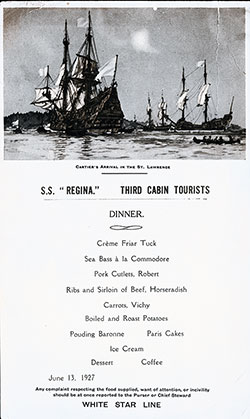 SS Regina Dinner Bill of Fare Card - 13 June 1927