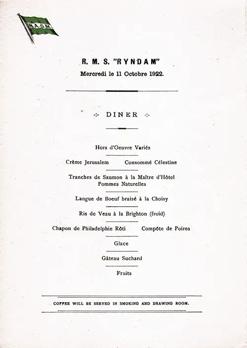 Menu Items from a Vintage Dinner Menu From Wednesday, 11 October 1922 on Board the SS Ryndam of the Holland-America Line.