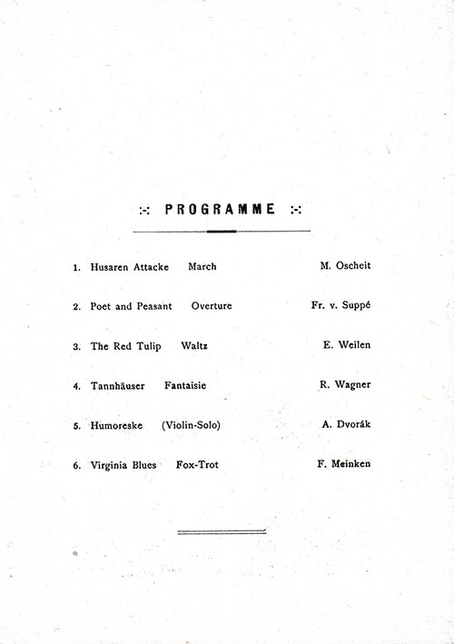 Music Program from a Vintage Dinner Menu From Wednesday, 11 October 1922 on Board the SS Ryndam of the Holland-America Line.
