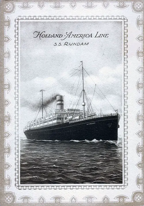 Back Cover, Dinner Menu From Wednesday, 11 October 1922 on Board the SS Ryndam of the Holland-America Line.