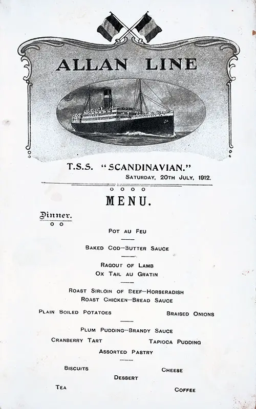 SS Scandinavian Dinner Menu Card 20 July 1912