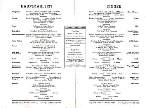 Menu Selection in German and English, SS Scharnhorst Dinner Menu, 29 December 1936.