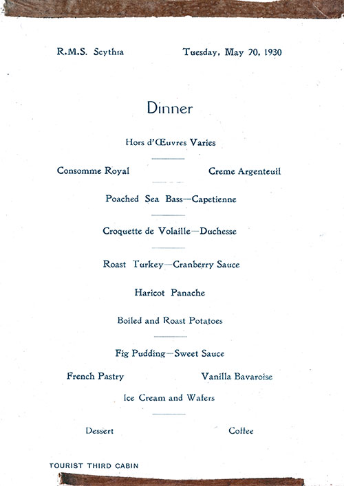 Tourist Third Cabin Dinner Menu Items, RMS Scythia for Tuesday, 20 May 1930.