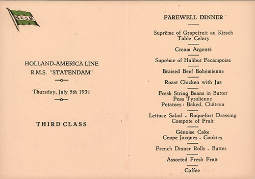 Menus Selections, Farewell Dinner Menu, Third Class on the RMS Statendam of the Holland-America Line, Thursday, 5 July 1934.