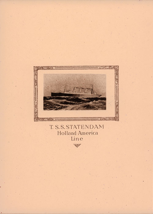 Back Cover, Farewell Dinner Menu, Third Class on the RMS Statendam of the Holland-America Line, Thursday, 5 July 1934.