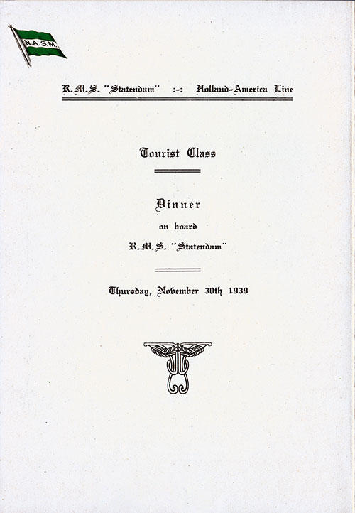 Title Page, SS Statendam Dinner Menu - 30 November 1939