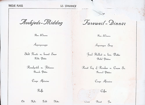 Menu Items in Norwegian and English, SS Stavangerfjord Third Class Farewell Dinner Menu from the 1920s.