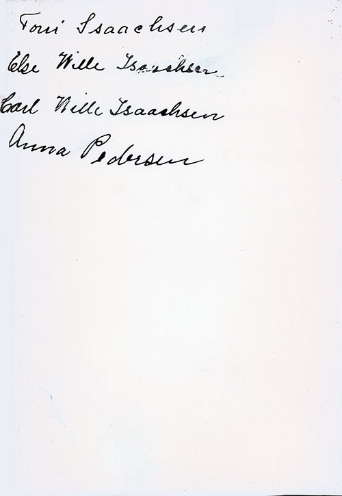 Autographs on the Back Cover of the SS Stavangerfjord Third Class Farewell Dinner Menu from the 1920s.