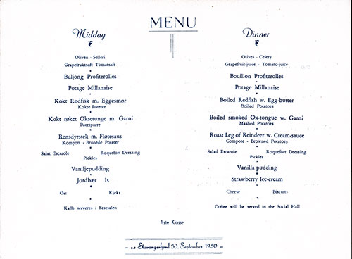 Menu Items, SS Stavangerfjord Dinner Menu - 30 September 1950