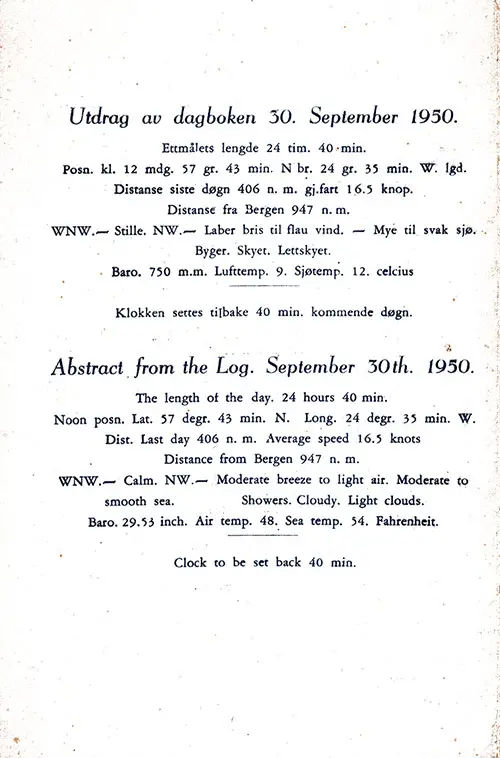 Abstract from the Log, Included in a SS Stavangerfjord Dinner Menu, 30 September 1950.
